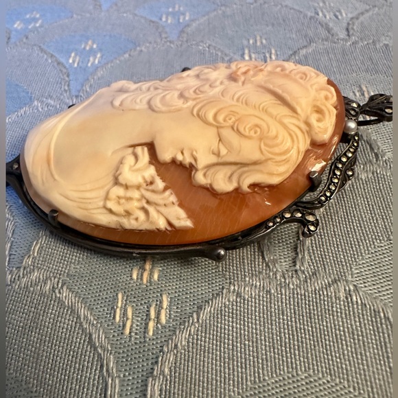 Antique Vintage Womens Pin Pendant 925 Sterling Silver Shell Cameo Brooch - Picture 16 of 16